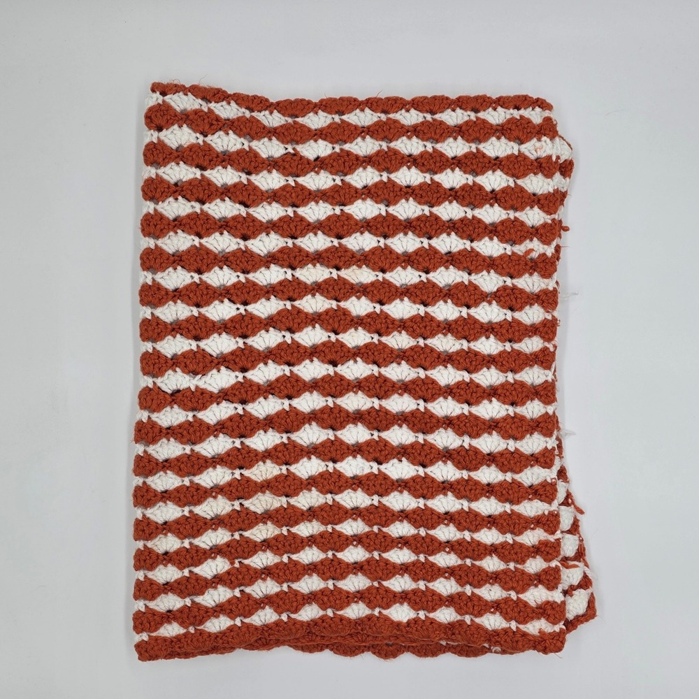 Handmade Crochet Shell Stitch Throw Blanket Burnt Orange White Striped 38x28
